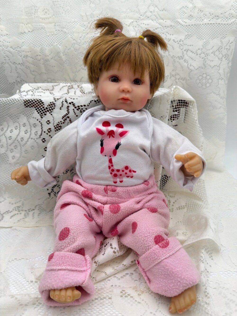 Reborn Baby Doll Giraffe Shirt Pink Polka Dot Pants Realistic Body 18" Preloved
